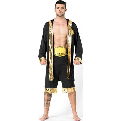 Men Adult Black Boxing Robe Costume Boxer Boxing Match Rocky Balboa Outfit Halloween Fancy Dress