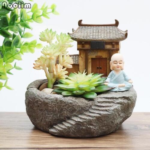 NOOLIM 1Pcs Buddhism Temple Resin Flowerpot Succulent Plants Planter Monk Flower Pot Home Garden Decoration Bonsai Flower Pot