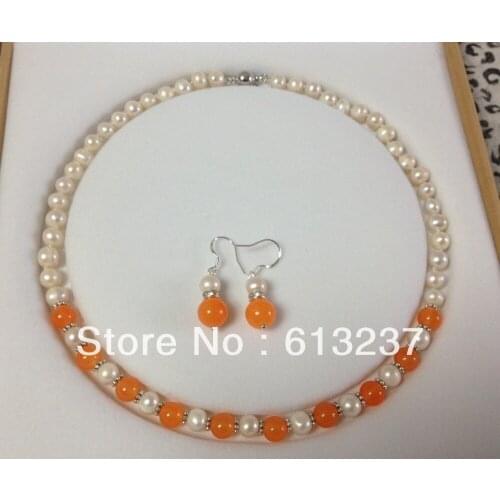 New Fashion Style diy 7-8MM White Cultured Pearl Orange chalcedony stone necklace earrings set MY5015
