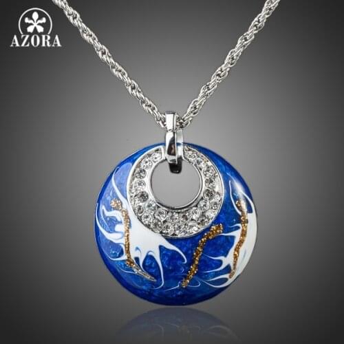 AZORA White Gold Color Stellux Austrian Crystal Oil Painting Pattern Round Pendant Necklace TN0077