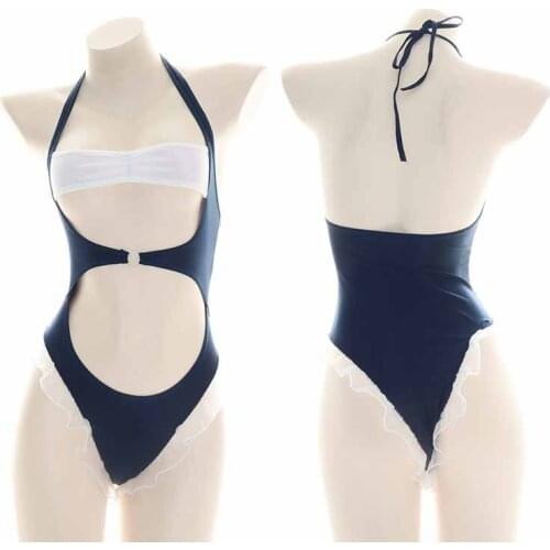 Ruffle Sukumizu Sexy One-piece Pajamas Flounces Underwear Homewear Cosplay Halter Backless Hollow Out Girls Bodysuit Swimwear
