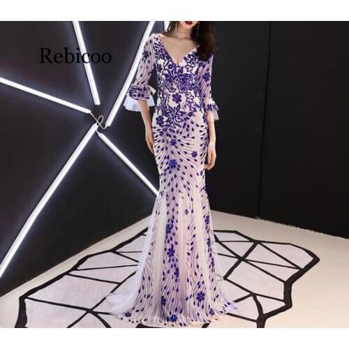 Dress Champagne Gold Sequins Charming Formal Trumpet Gown V-neck Flare Sleeve Long Party Dresses
