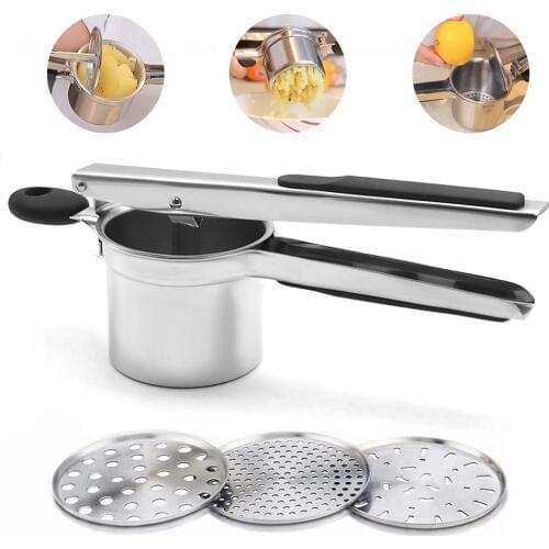 Potato Ricer Press Set with 3 Interchangeable Discs Stainless Steel Fruit Vegetable Masher Crusher Squeezer For Baby Food