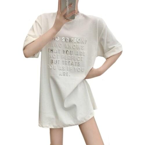 100% Cotton T shirts Concave Convex Letter Medium Length Loose Short Sleeve Womens T Shirt Fashion Versatile Summer Tops