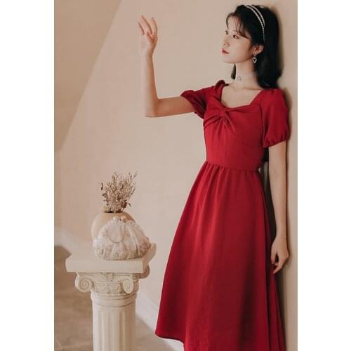 Women Red Retro Dress 2021 Summer French Bowknot Square Neck Sweet Elegant Ladies Temperament Party Vestido White Princess Dress