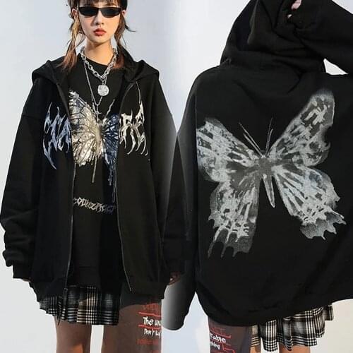 YiYiMiYu Women Hip Hop Streetwear Hoodies Jacket butterfly Print Coat Goth Harajuku Y2k aesthetic Clothes grunge Punk Jacket