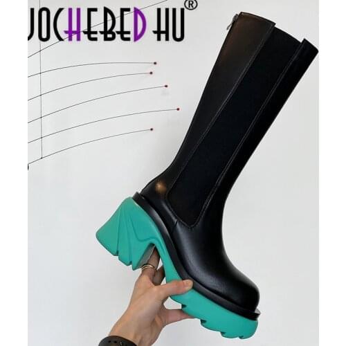 【JOCHEBED HU】Brand Runway Women Knee High Boots Chunky Heel Genuine Leather Female Motorcycle Boots Autumn Winter Designer 33-43