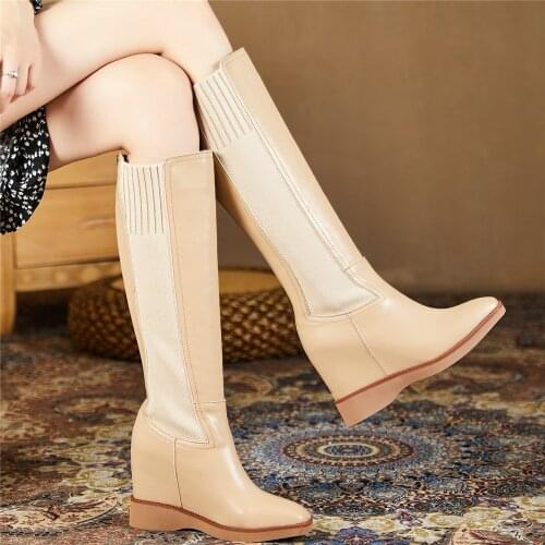 Women Genuine Leather Wedges High Heel Knee High Riding Boots Female Winter Warm Thigh High Platform Pumps Shoes Casual Shoes