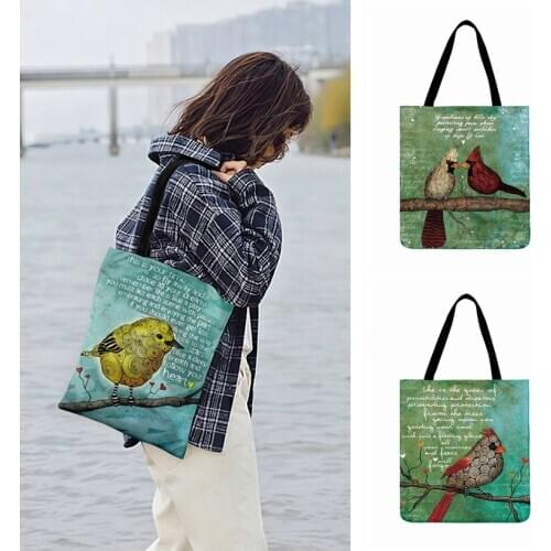 Women Handbags Letter Bird Painting Print Bag For Women Casual Tote Ladies Shoulder Bag Outdoor Beach Tote Foldable Shopping Bag