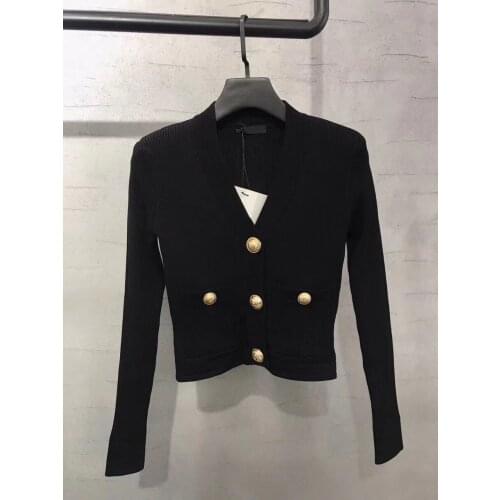 2021 spring and autumn new cardigan fashion casual gold button slim fit elastic shoulder pad knitted V-neck short sweater women
