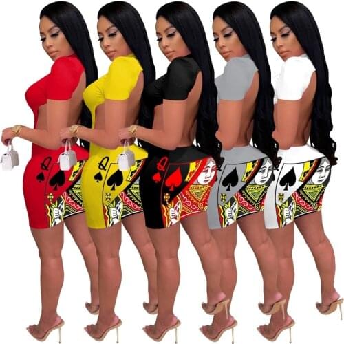 Sexy Short Sleeve Backless Bodycon Dress Women Poker Printed Club Mini Sundresses Turtleneck Summer Clothings Open Back Clubwear