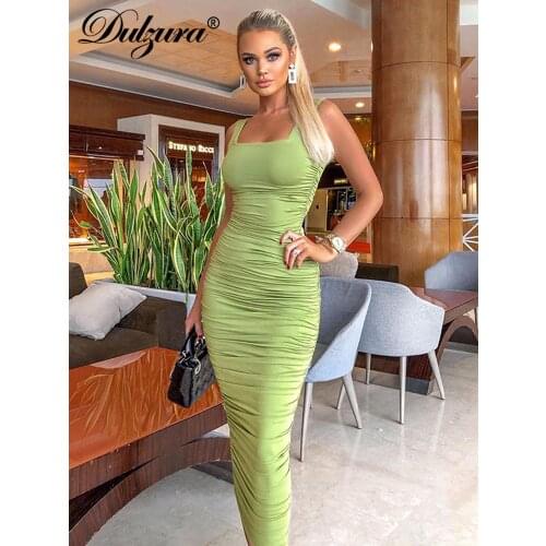 Dulzura ruched women midi shirt dress bodycon sexy sleeveless elegant party backless streetwear 2020 spring summer clothes club