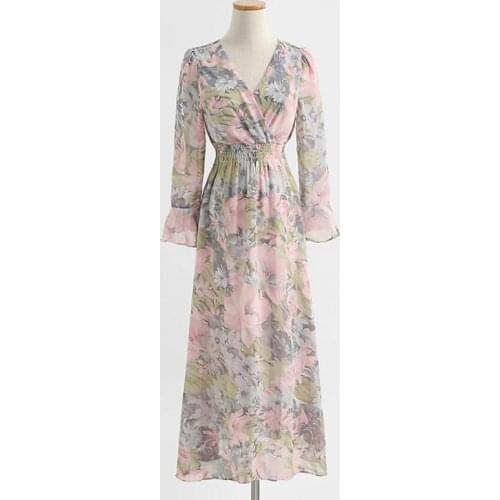 Ruffles Floral Print Chiffon Dress Women Elegant Long Sleeve French Vintage Party Midi Dress Casual Womens Clothing Autumn 2021