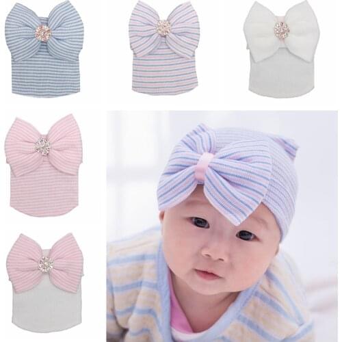 10*9 CM Shining Rhinestone Bowknot Hat Newborn Baby Girls Stripe Caps Infant Knitted Hats Winter Warm Cap Children Headwear