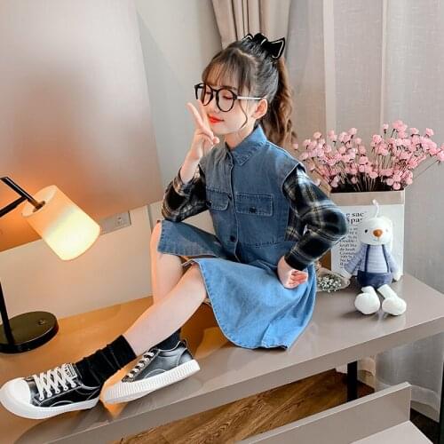 Платье 2020 новинка хит Girls Spring Autumn Plaid Dress Christmas Princess Clothes Ropa De Niños 2 A 8 Años джинсовое платье