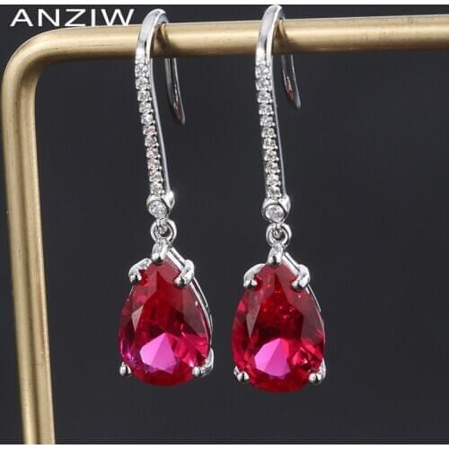 ANZIW Sterling Silver 8*12mm Pear Cut Green Lab Created Ruby Vintage Classic Hook Earring for Women Jewelry Gifts