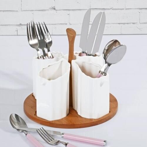 Kosova Bamboo Standing Porcelain 4 Compartments Fork, Spoon, Knife Stand