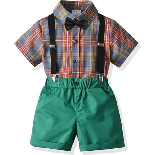Children Boys Gentleman Clothing Sets Toddler Boy Short Sleeve Bowtie Shirts+Suspenders Shorts 2Pcs Formal Suit