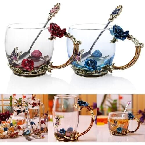 Enamel Coffee Tea Cup Mug 3D Rose Butterfly Glass Cups Wedding Gift JAN88