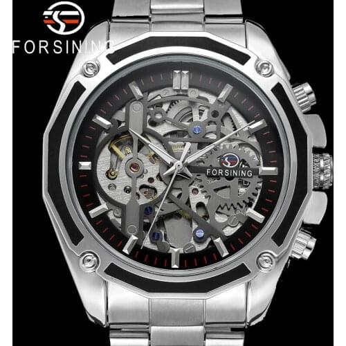 FORSINING Automatic Mechanical Men Wristwatch Military Army Sport Male Clock Top Brand Luxury Silver Skeleton New Man Watch 8130