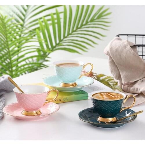 Nordic Ceramic Coffee Fish Scale Cup Saucer Set Breakfast Milk Cup Afternoon Flower Tea Cup Latte Coffee Cup Gift Office Home