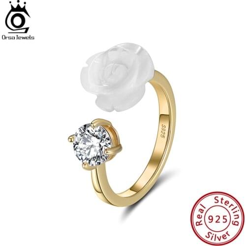 ORSA JEWELS 925 Sterling Silver Rings Flower Shape 14K Gold Plated Freshwater Pearl For Female Engagement Anniversary Gift SR250