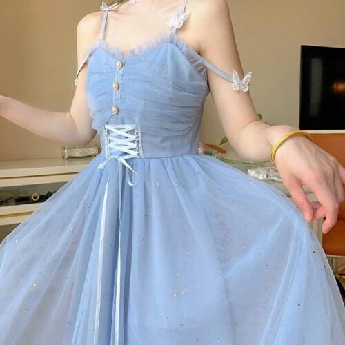 Summer Fairy Elegant Dress Women Princess High Waist Sweet Strap Dress Female Korean Casual Holiday Gauze Kawaii Dresses 2021