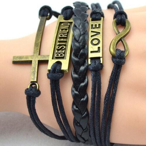 Fashion Infinity Best Friend Cross Charms Braided Cord Leather Adjustable Bracelet Wrap Vintage Handmade Friendship Bangle Gift