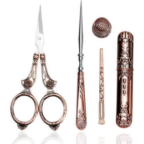 MIUSIE 5Pcs Exquisite Vintage Scissors Set Scissors+Needle Storage Tube+Awl+Needle Thread+Thimble Retro Sewing Scissors