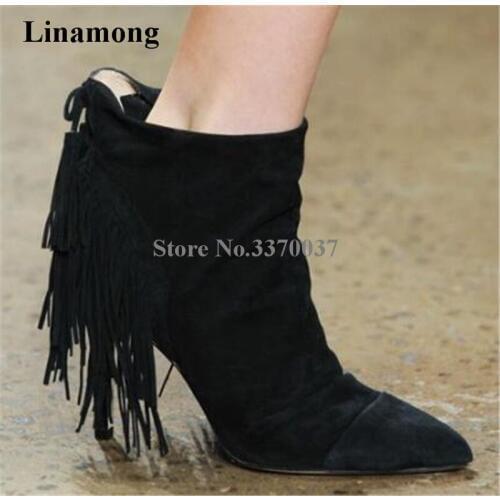 Newest Fashion Women Pointed Toe Suede Leather Back Tassels Thin Heel Short Boots Black Camel Fringes High Heel Ankle Boots