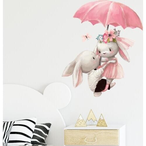Couple Rabbit Under Umbrella Wall Sticker For Kids Room Baby Bedroom Living Room House Decoration Removable Mural Bunny Stickers