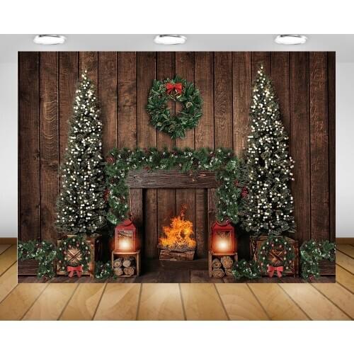 Christmas Backdrop for Photography Retro Wooden Wall Winter Xmas Background Christmas Trees Wreath Fireplace Light Photo Shoot