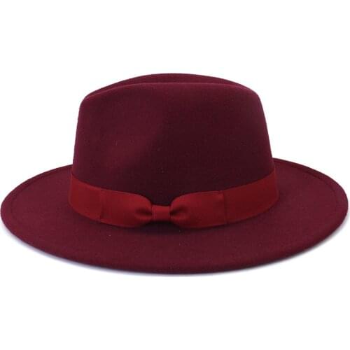 Burgundy bowknot fedoras widebrim hat Panama felt hat jazz hat church top cap british women fedoras hats for men шляпа женская
