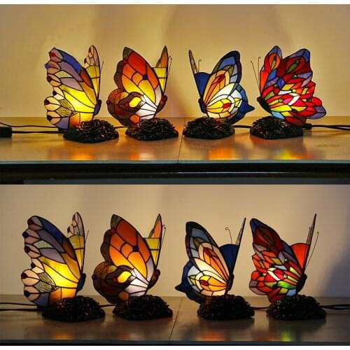 SAROK Butterfly Table Lamp Tiffany DIY Glass Table Light Bedroom Bedside Living Room Decoration Night Light