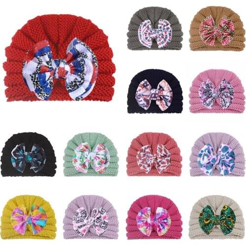 Knitted Baby Hat With Printed Bow Cartoon Cute Stylish Four Seasons Baotou Cap Autumn Winter Simple Baby Girls Cotton Hats