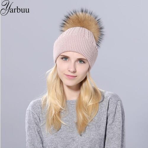 [YARBUU]winter hat for women warm wool Knitted Hat real mink fur pom poms Threaded lady Knitted cap skullies Female beanies