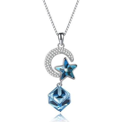 ZEMIOR Real 925 Sterling Silver Moon Star Necklace For Women Blue Square Austria Crystal Double Pendant Necklaces Fine Jewelry
