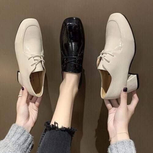 New Thick High Heels Oxford Shoes for Women Shoes Female Solid Patent Leather Lace Up Round Toe Casual Shoes Woman Plus Size 42