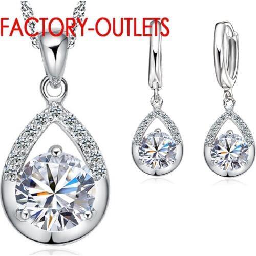 Hot Sale 925 Sterling Silver Bridal Jewelry Sets Romantic Crystal Water Drop Necklaces Hoop Earrings Women Party Engagement