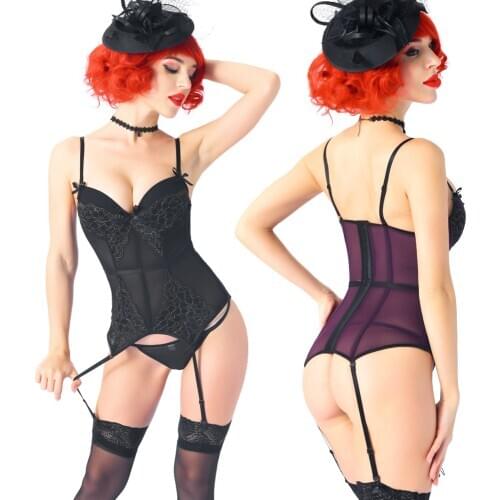 Plus Size Lingere Slimming Corset Women Sexy Lingerie Push Up Bustier Top Sexi Garter Belt Lace Bodysuit with G-String Thong Set