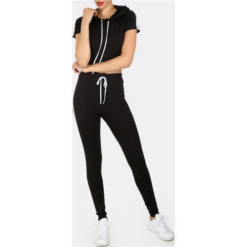 Hitmebox 2019 Womens Short sleeve Striped Hooded Sport Tracksuits Crop Top Casual Long Pant Active Trouser Gym Set track suits
