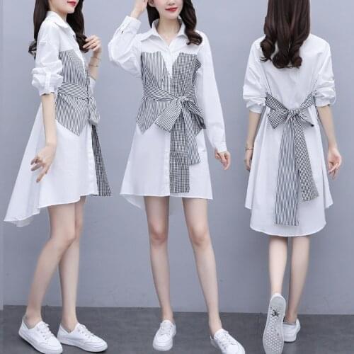 Women Plaid Print Fake Two Piece Shirt Dress Long Sleeve Summer Autumn Button Lace-up Turndown Collar Ladies Fashion Dresses