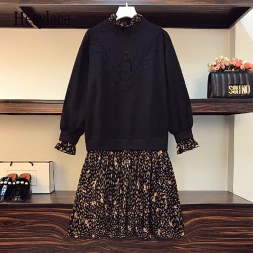 Plus Size Women autumn Sweatshirt Dress Winter 2020 Lace Embroidery Long Sleeve Patchwork Loose Casual Floral Ruffle Dresses 5XL