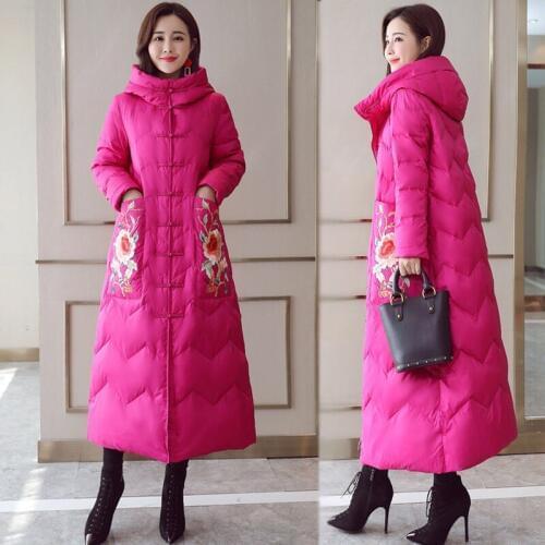 Winter Fall Vintage Women Beige Black Embroidery A Line Hooded Padded Coat Parka , 2018 Womens Clothes Parkas with A Hood