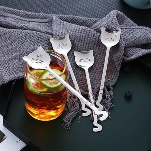 10Pcs Cute Cat Coffee Spoon 304 Stainless Steel Cat spoon Teaspoon Long Handle Flatware Gift Tableware Coffee accessories