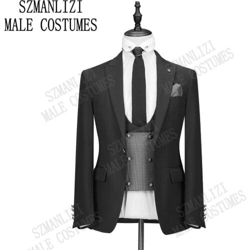 2020 Black Mens Formal Tuxedos Suits For Wedding Business 3 Pieces Peaked Lapel Best Man Groom Mens Wedding Tuxedos Custom Made