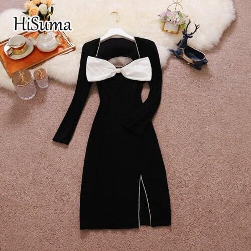 2021 summer new women V-neck big bow hollow out split sheath dress female Chic elegant waist tight buttocks dresses