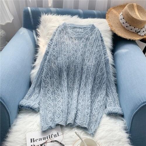 2020 Autumn New Solid Hollow Out Kniited Women Sweaters And Pullovers O-Neck Loose Lady Elegant Pullovers Outwear Coat Tops