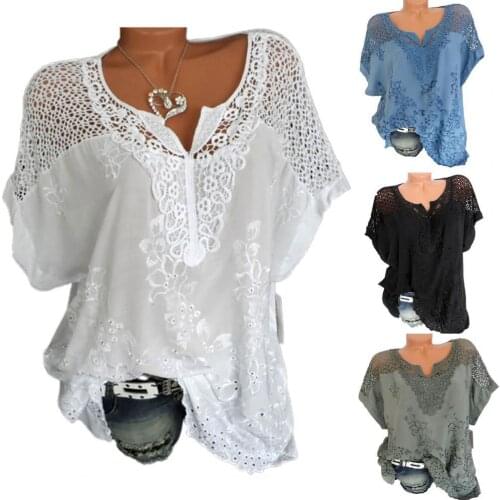 Women Blouses Short Sleeve V Neck T-shirt White Lace Crochet Hollow 2021 Summer Blouse Pullover Sexy Casual Top блузка женская