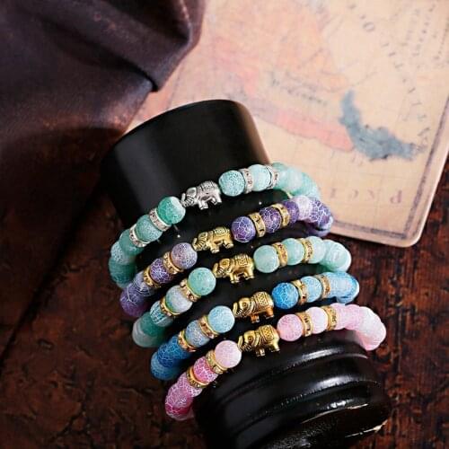 Charm Elephant Weathered Stone Beads Yoga Energy Bracelet For Men Women Reiki Prayer Bangles Jewelry